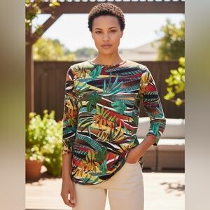 Peck & Peck Tropical Palm Print Top Size S Stretchy  3/4 sleeves